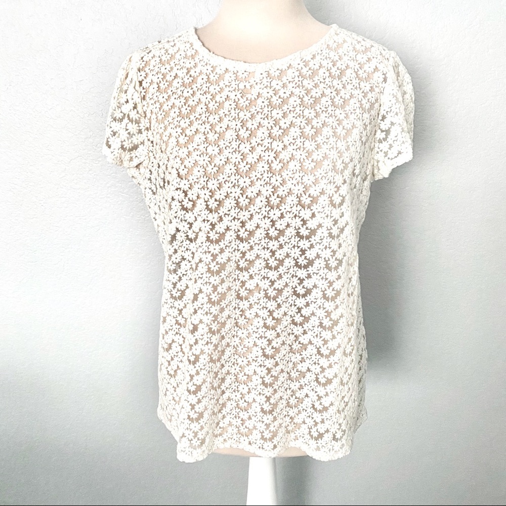 LOFT Cream Sheer Floral Embroidered Top Sz. Medium